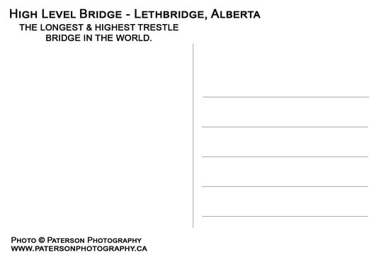 Postcard back - high level bridge Lethbridge, Enlargements Lethbridge, enlargements near me, Print photo near me, Photo to digital services, Photofinishing, Photolab, photoprints, Photos, Print, Order prints online, On-line printing, Lethbridge, LA, frames, wall decor, photo prints, Printshops, Professional photo printer, Ready Made Frames, same day prints, pictures, Photo lab