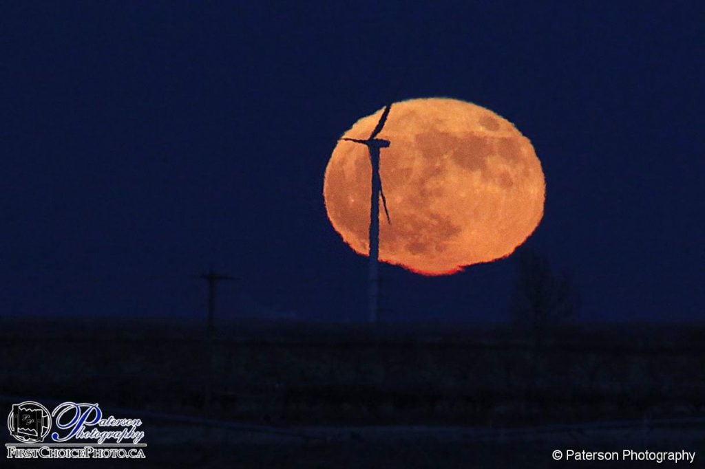 Full moon rising with a windmill in front