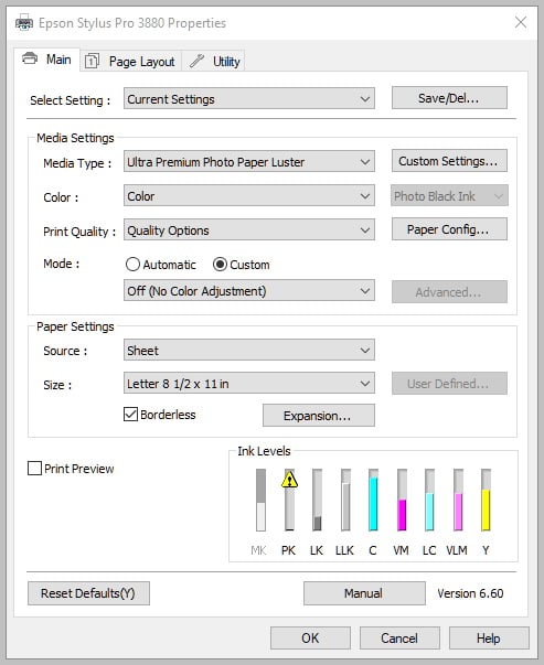 Epson 3880 Printer printing screen - No color adjustment