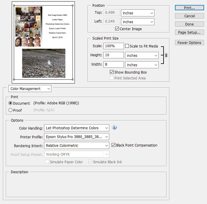 Adobe Photoshop Printing Screen with Epson profile