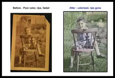 Smoke damage photos, Showing the differences between an old faded and discoloured image to a restored and colourized image